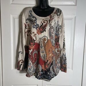 Chicos Shirt Womens 4 XXL Beige Red Paisley Long Sleeve Knit Crew Neck Pullover